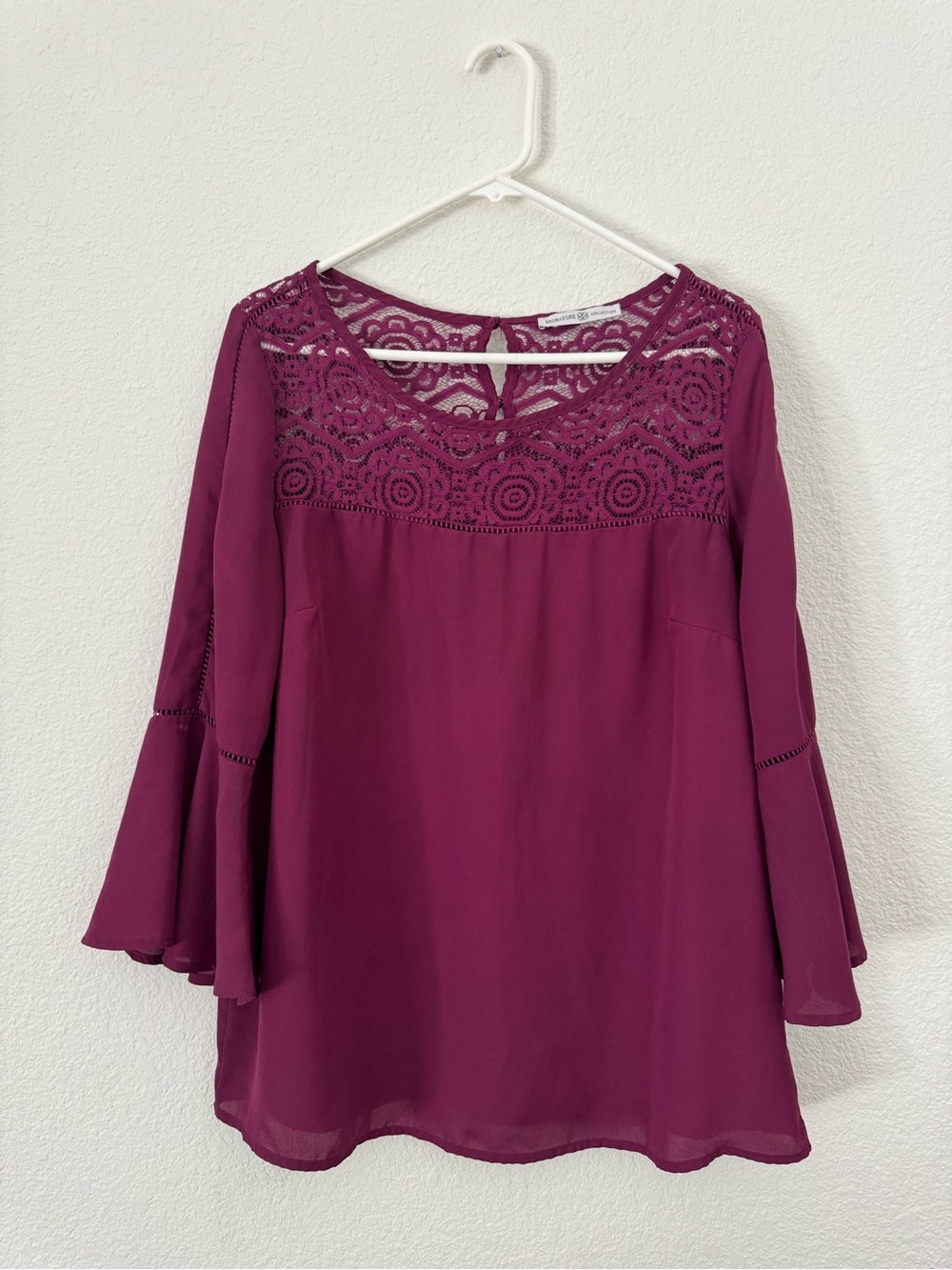 Signature Collection Plum Lace Yoke Bell Sleeve Blouse
